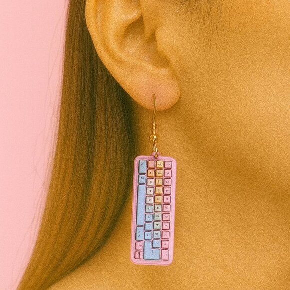 Pink Keyboard Earrings — Cute Gamer Girl Pastel Tech Dangle Jewelry - Picture 2 of 4